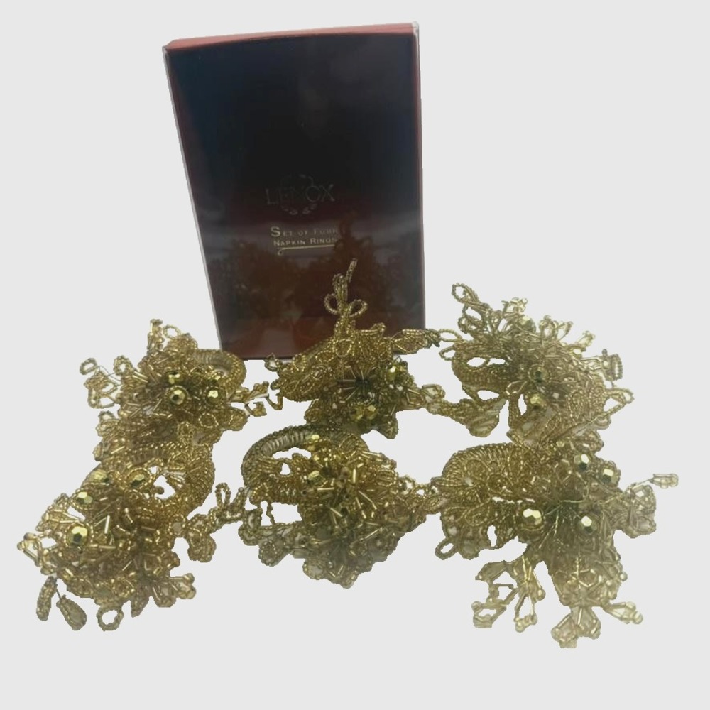 Lenox Holiday Noel Napkin Rings Set of 6 Gold Beaded Floral 7170-GLD Table Decor - Picture 2 of 4